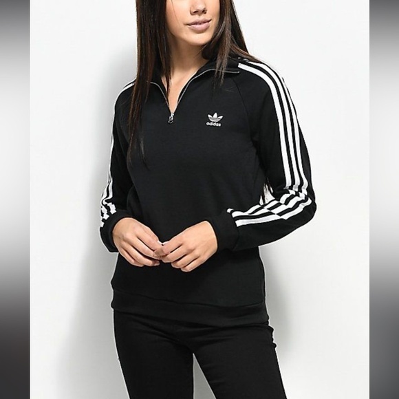 Adidas Quarter 1/4 Zip Pullover Sweatshirt Black 3 Stripe Trefoil - Picture 1 of 5